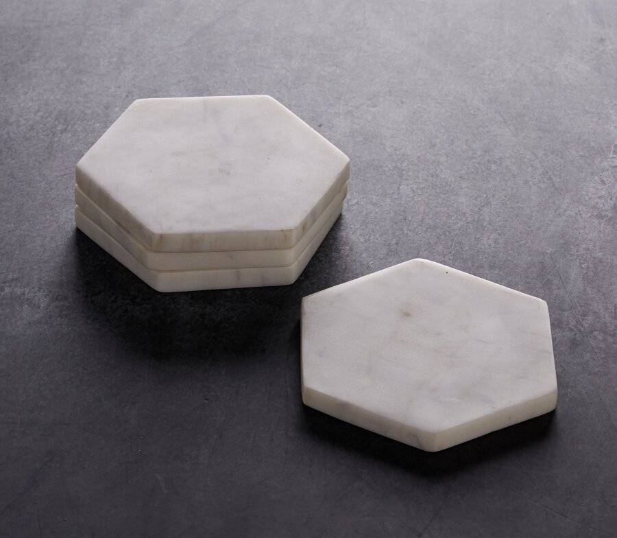 EHC Set of 4  Hexagon White Marble Coasters For Home & Kitchen Use