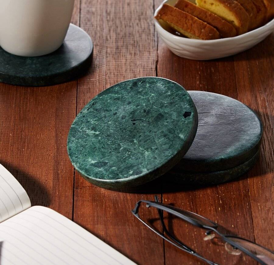 EHC Set of 4  Round Green Marble Coasters For Home & Kitchen Use