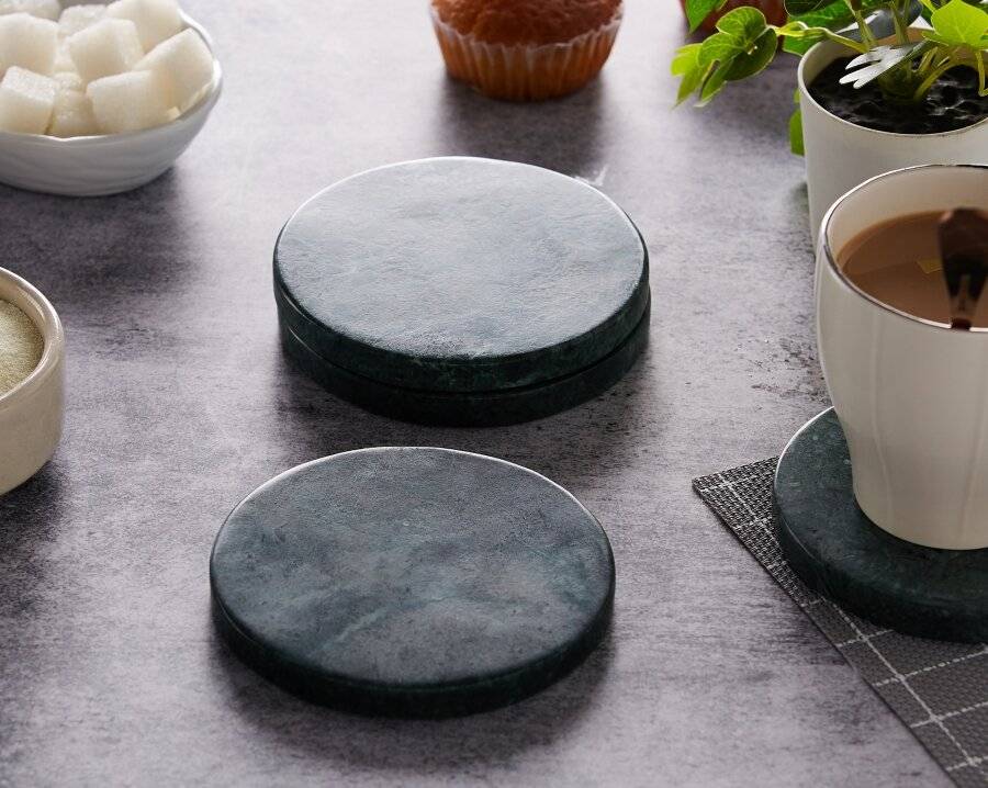 EHC Set of 4  Round Green Marble Coasters For Home & Kitchen Use