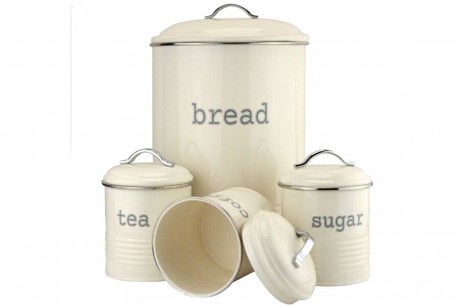 Set of 4 Round Tea, Coffee & Sugar Canisters With Bread Bin - Cream