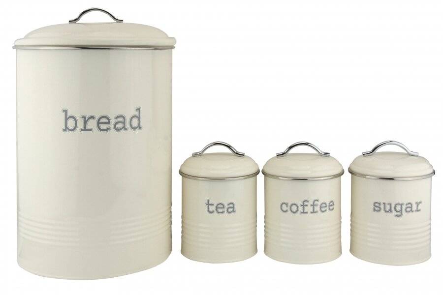 Set of 4 Round Tea, Coffee & Sugar Canisters With Bread Bin - Cream