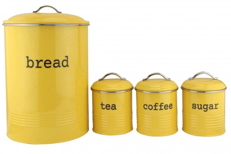 Set of 4 Round Tea, Coffee & Sugar Jars With Bread Bin - Custard