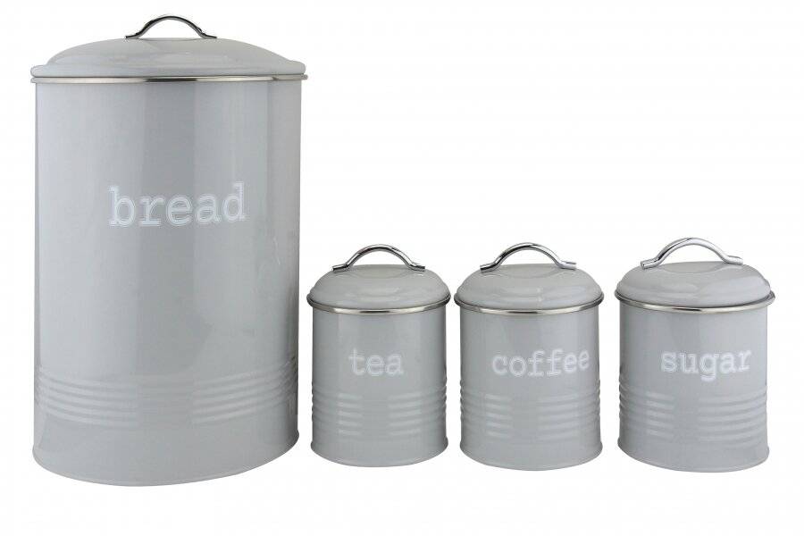 Set of 4 Round Tea, Coffee & Sugar With Bread Bin Storage Canisters