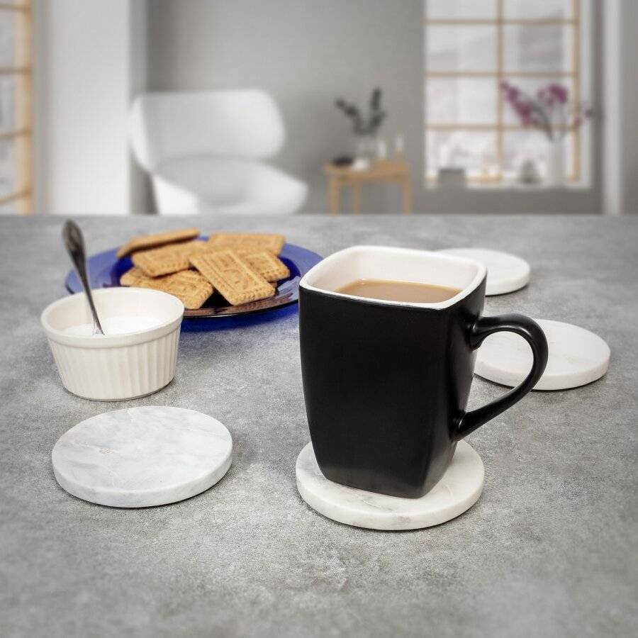 EHC Set of 4 Round White Marble Coasters For Home & Kitchen Use