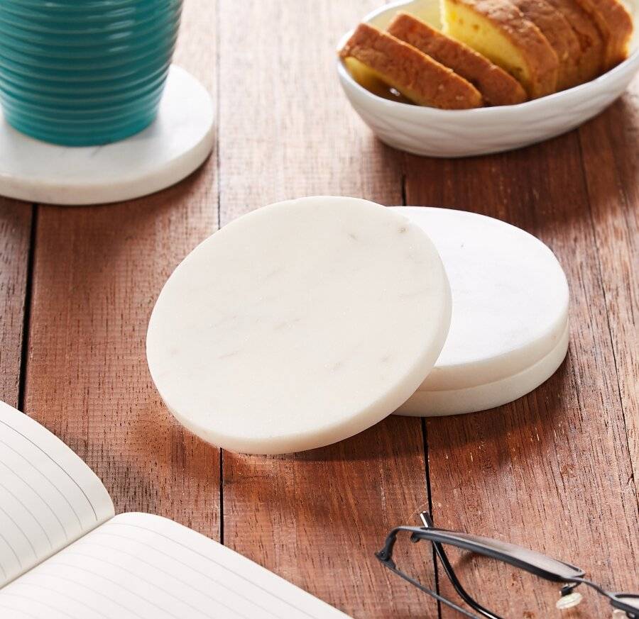 EHC Set of 4  Round White Marble Coasters For Home & Kitchen Use