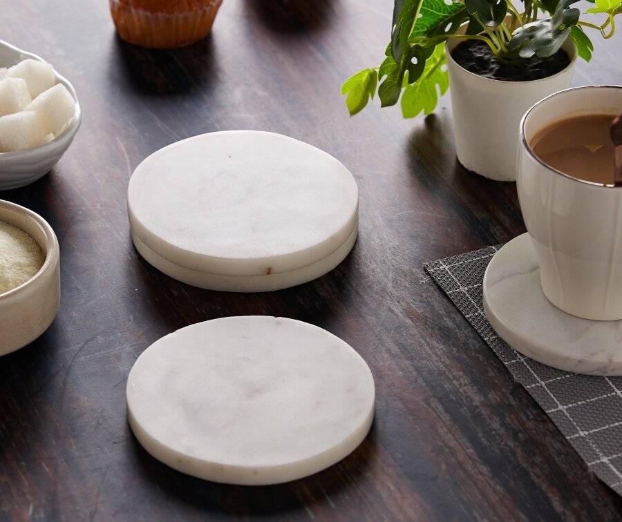 EHC Set of 4  Round White Marble Coasters For Home & Kitchen Use