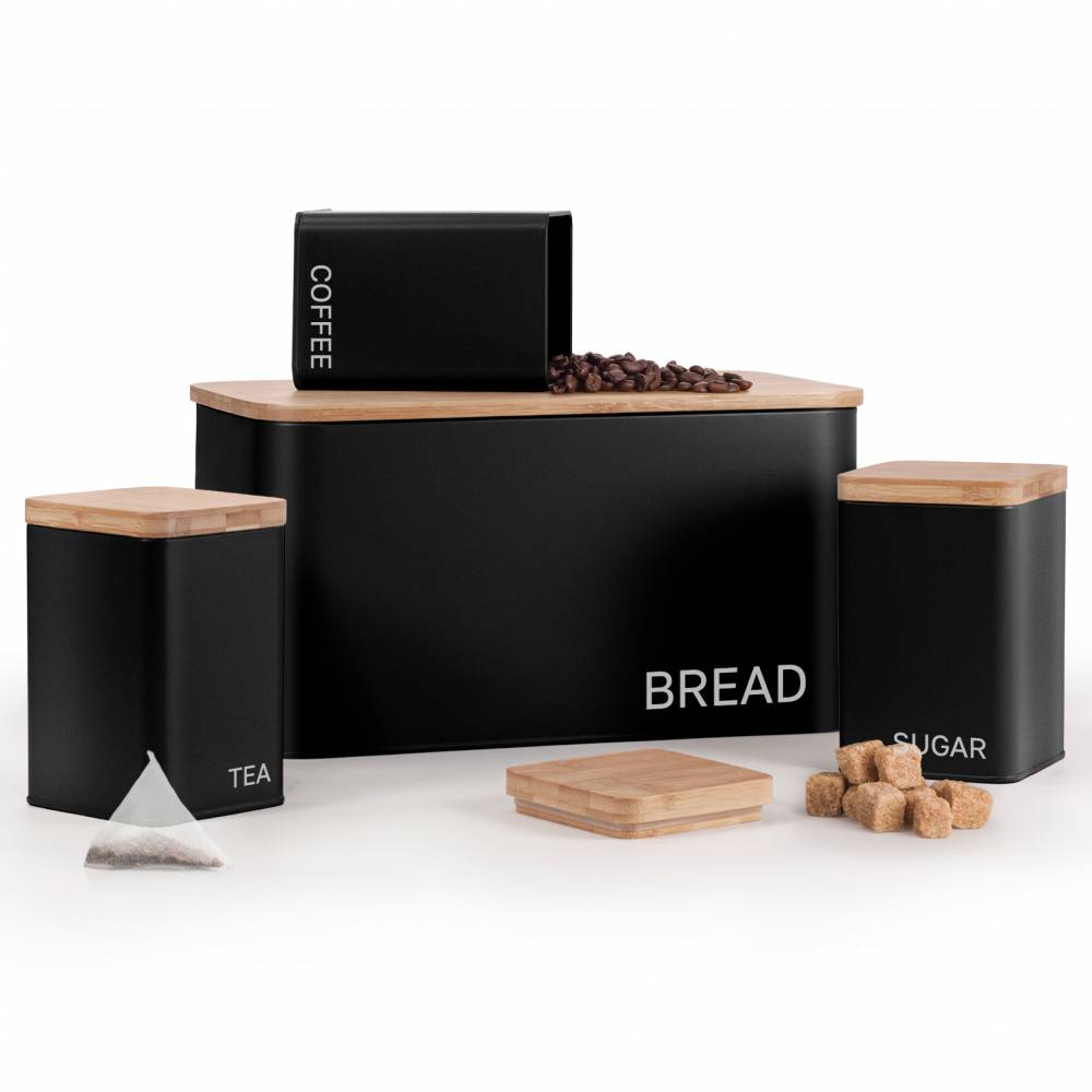 EHC Set of 4 Tea, Coffee, Sugar, Bread Storage Jars With Lid - Black