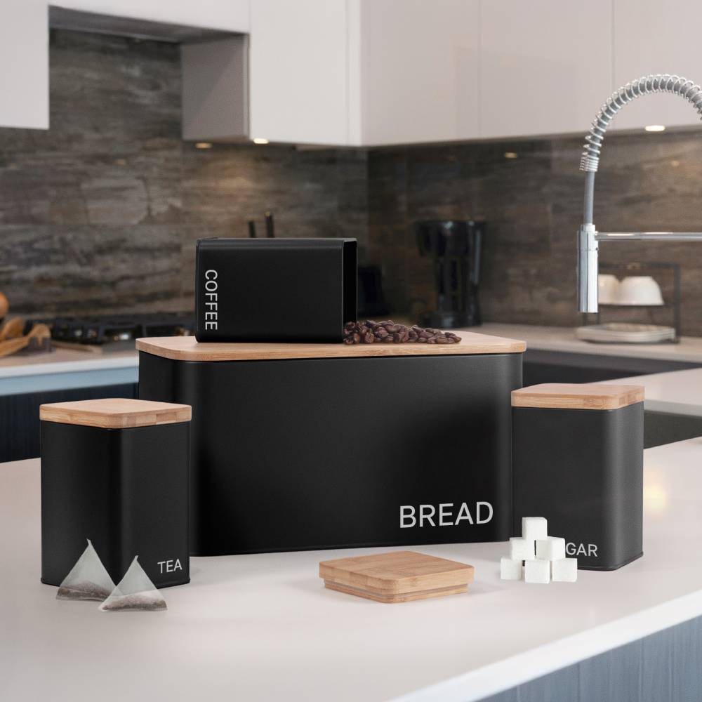 EHC Set of 4 Tea, Coffee, Sugar, Bread Storage Jars With Lid - Black