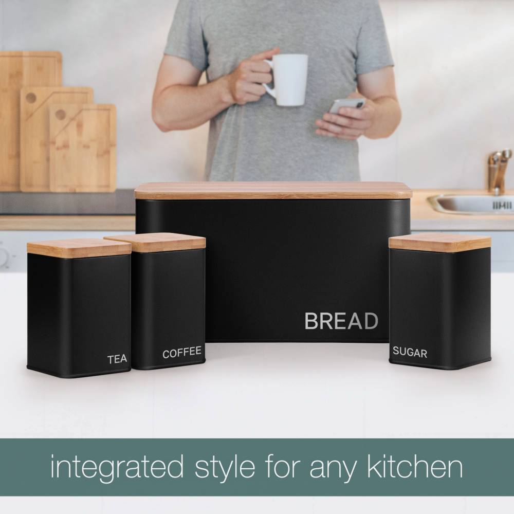 EHC Set of 4 Tea, Coffee, Sugar, Bread Storage Jars With Lid - Black