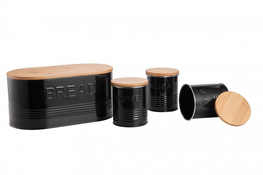 EHC Set of Tea, Coffee, Sugar & Bread Canisters With Lid, Black