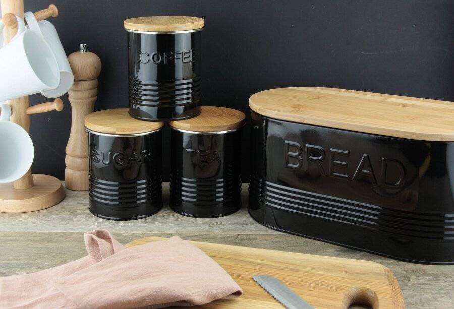 EHC Set of Tea, Coffee, Sugar & Bread Canisters With Lid, Black