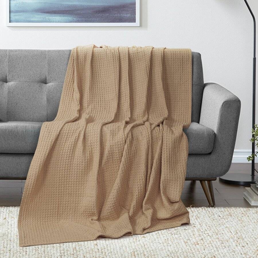 EHC Soft Chunky Cotton Waffle Single Throw For Sofa & Bed - Beige