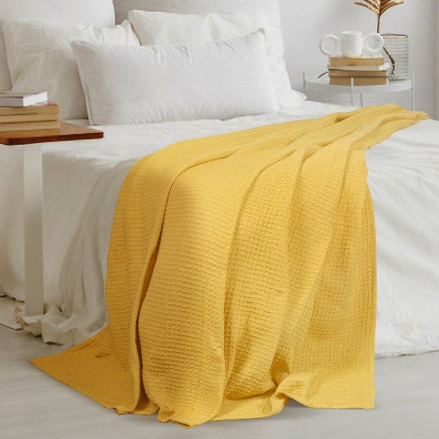 EHC Soft Chunky Cotton Waffle Single Throw For Sofa & Bed - Yellow