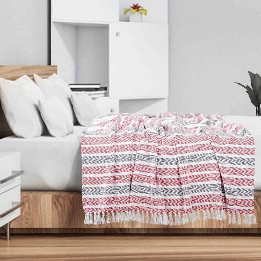 EHC Stripe Soft Cotton Double Throw, 150 x 200 cm, Red / Grey