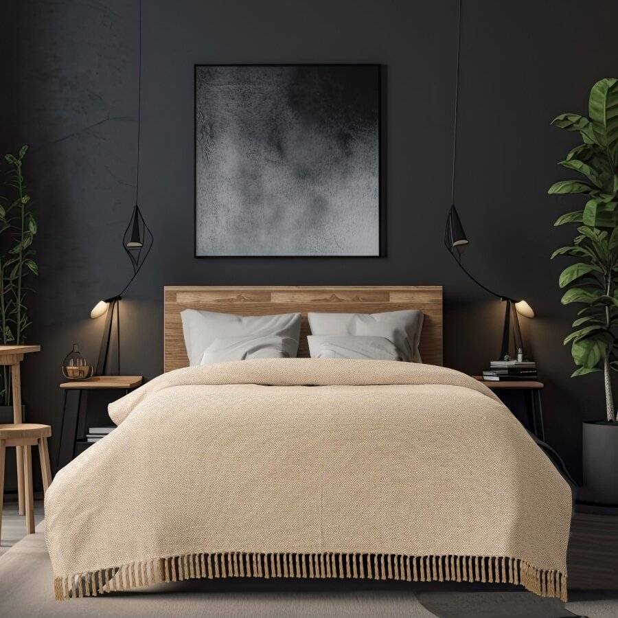 EHC Super King Size Big Diamond Cotton Throw, Ivory/Beige, 250 x 380cm