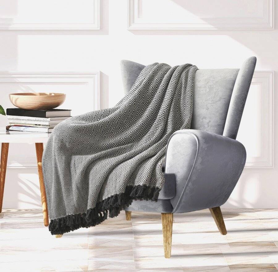 EHC Super King Size Big Diamond Cotton Throw, Ivory/Grey, 250 x 380cm