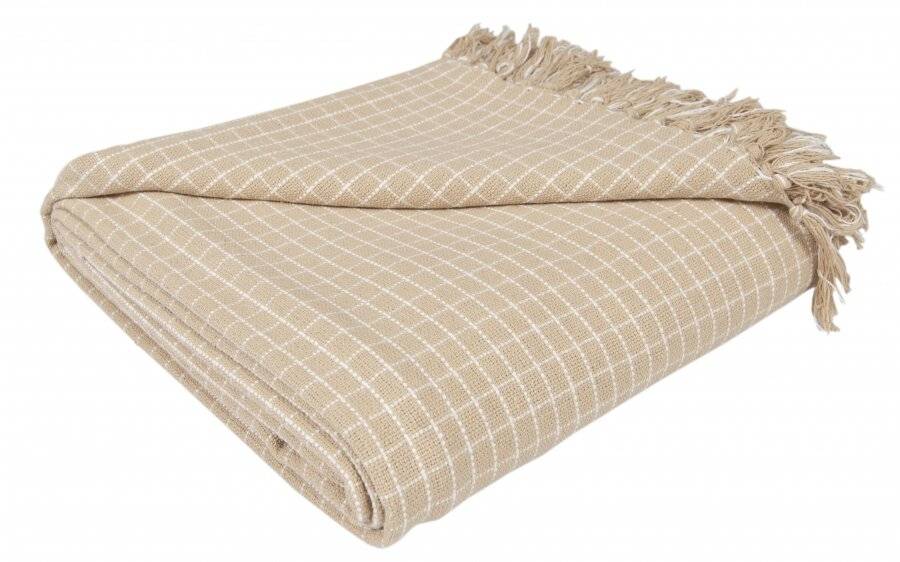 EHC Super Soft Divine Check Cotton Fringe Throw, Double - Beige