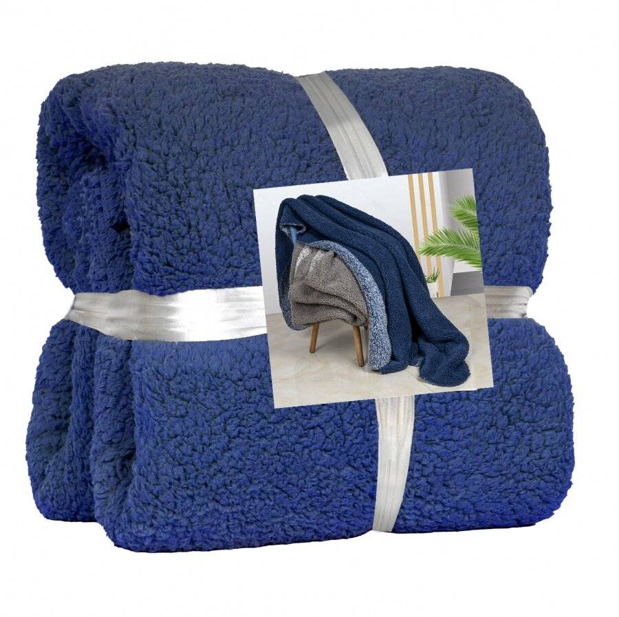 EHC Super Soft Teddy Fleece Blanket Throw, Navy Blue, 150 x 200 cm