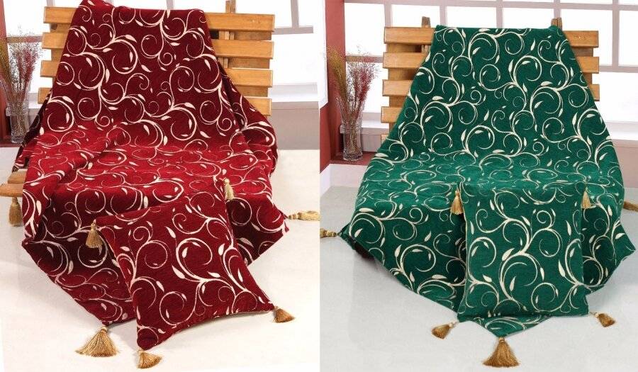 Vintage Chenille Scroll Throw Set , 127 x 152 cm - Green