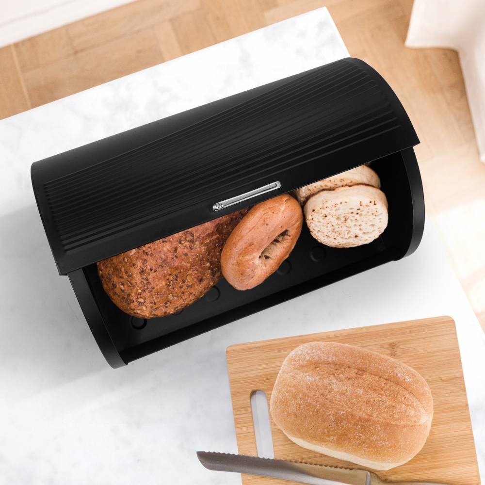 EHC Wave Pattern Bread Storage White Roll-Top Bread Bin - Black