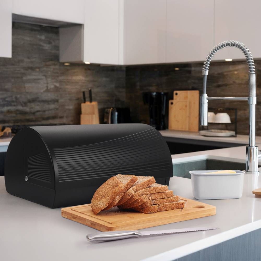 EHC Wave Pattern Bread Storage White Roll-Top Bread Bin - Black