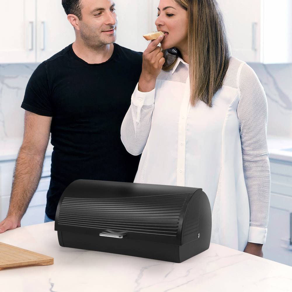 EHC Wave Pattern Bread Storage White Roll-Top Bread Bin - Black