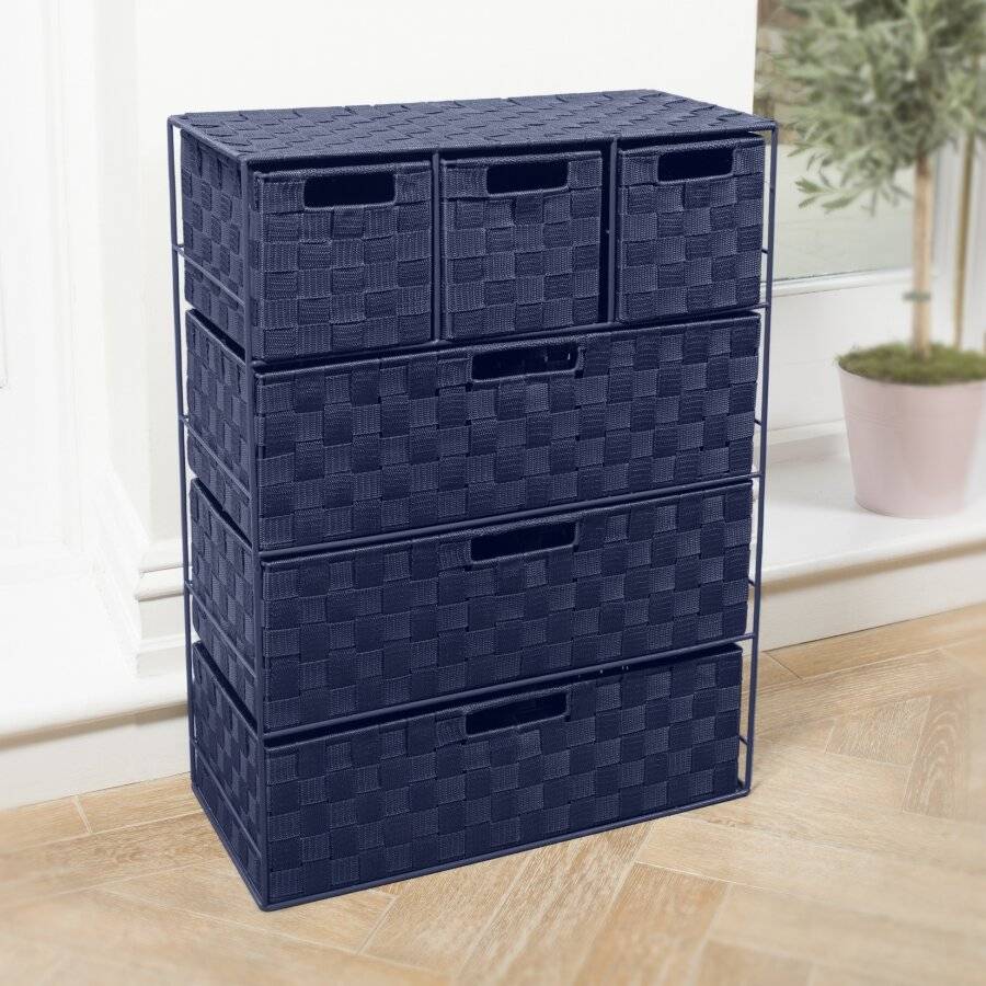 EHC Woven 3+3 Chest of Drawer storage Organizer Unit - Navy Blue