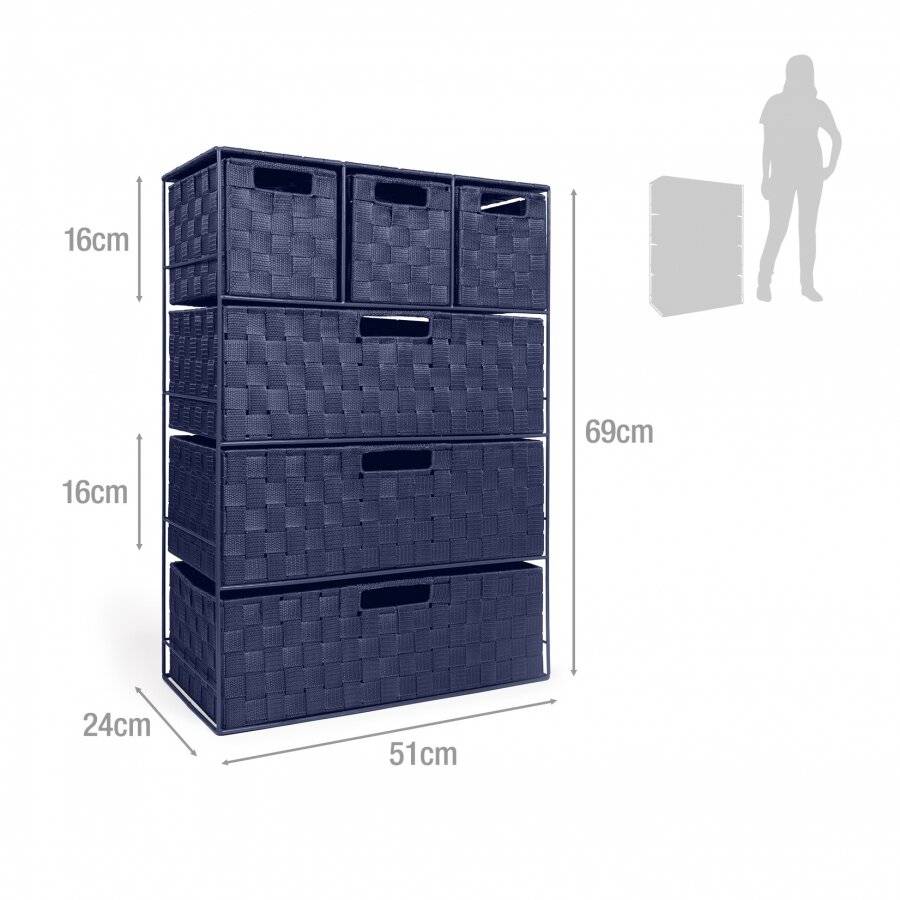 EHC Woven 3+3 Chest of Drawer storage Organizer Unit - Navy Blue