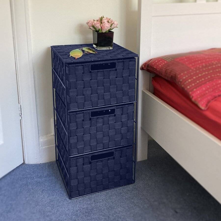 EHC Woven 3 Drawer Storage Cabinet For Bathroom, Bedroom - Navy Blue