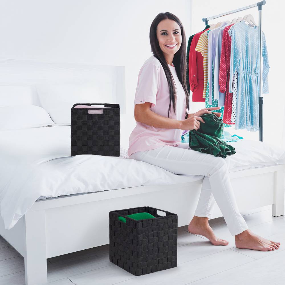 EHC Woven Collapsible Basket, Storage Cubes, Set of 2 Boxes - Black