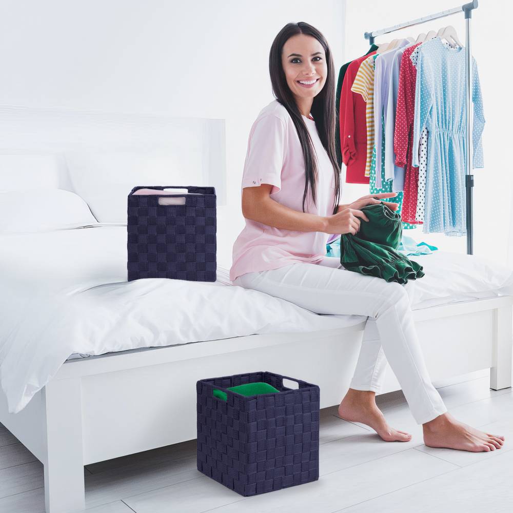 EHC Woven Collapsible Basket, Storage Cubes, Set of 2 Boxes - Blue
