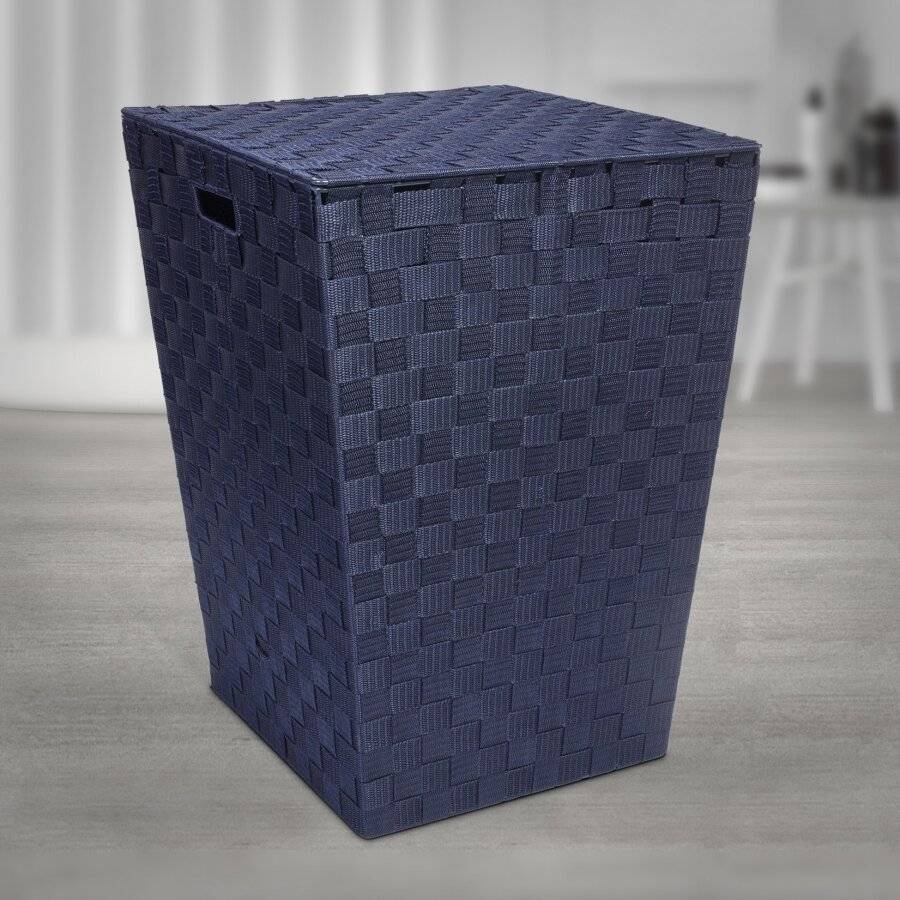 EHC Woven Pattern Laundry Storage Hamper Basket With Lid - Blue