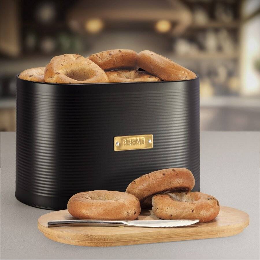 Extra Large Bread Bin with Lid, Black, 8L, 19.5 x 34 (W) x  20.5 (H)cm