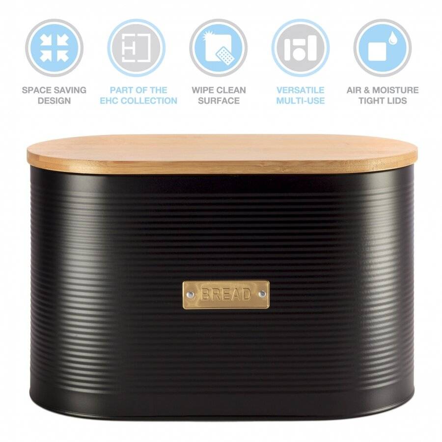 Extra Large Bread Bin with Lid, Black, 8L, 19.5 x 34 (W) x  20.5 (H)cm