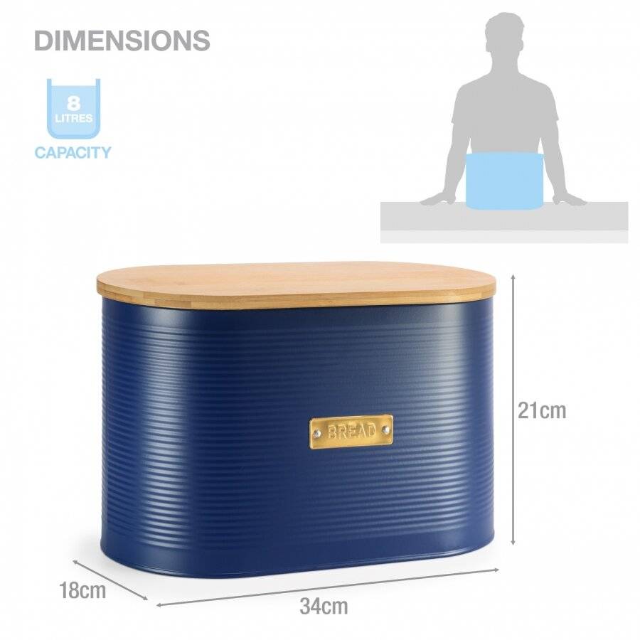 Extra Large Bread Bin With Lid, Navy Blue, 8 L, 34 x 19.5 x 20.5 cm