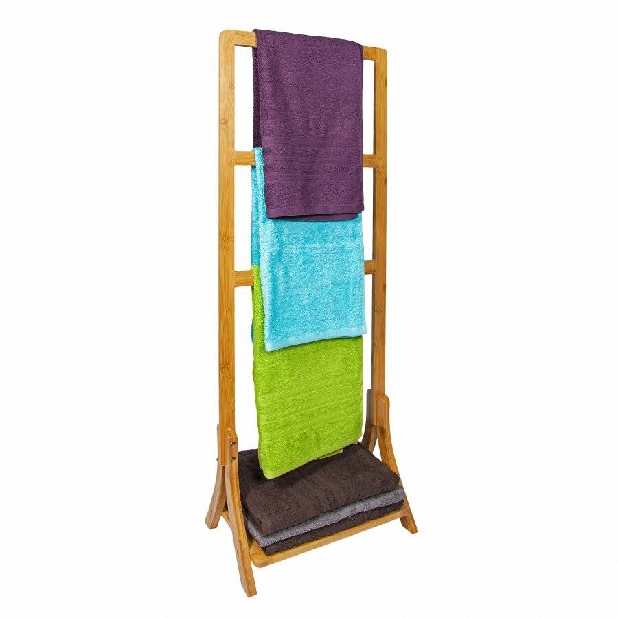Freestanding Bamboo Bathroom Towel Rail With 3 Rails & Shelf
