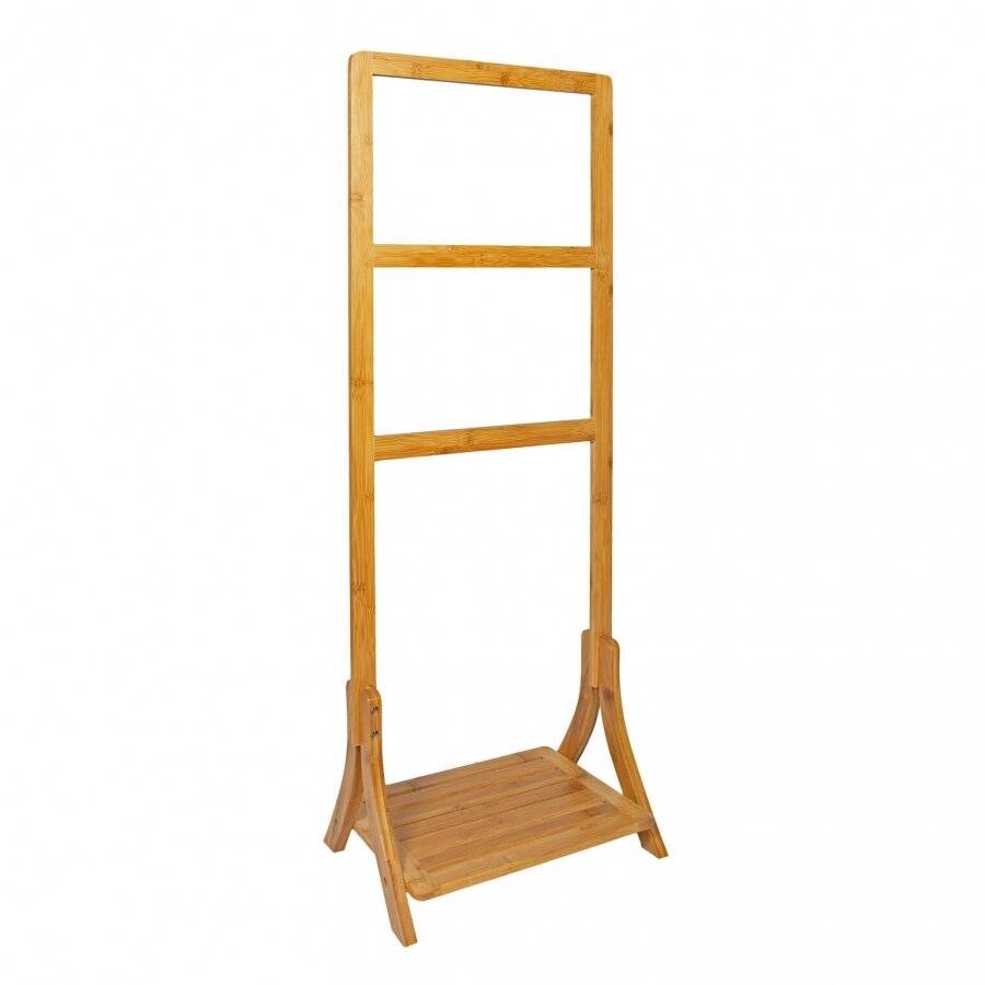 Freestanding Bamboo Bathroom Towel Rail With 3 Rails & Shelf