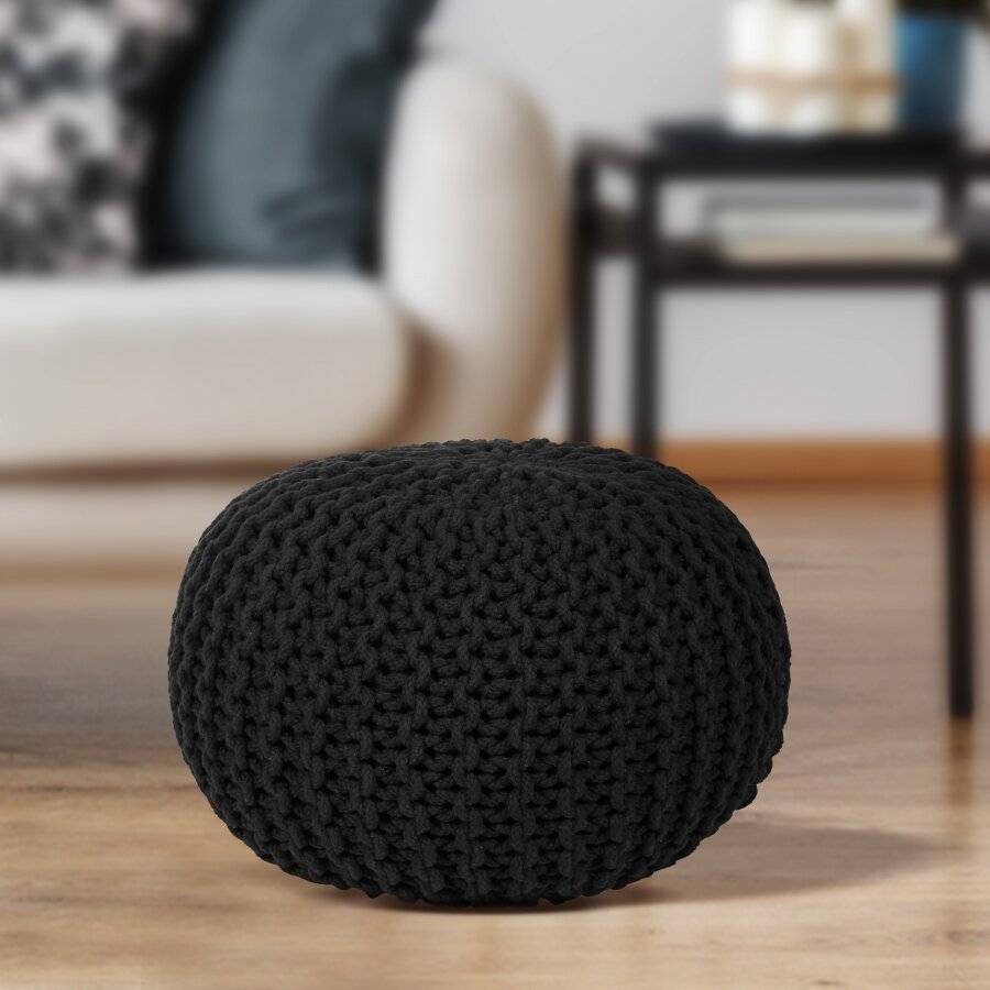 EHC Hand Knitted Chunky Double Braided Cotton Pouffe - Black