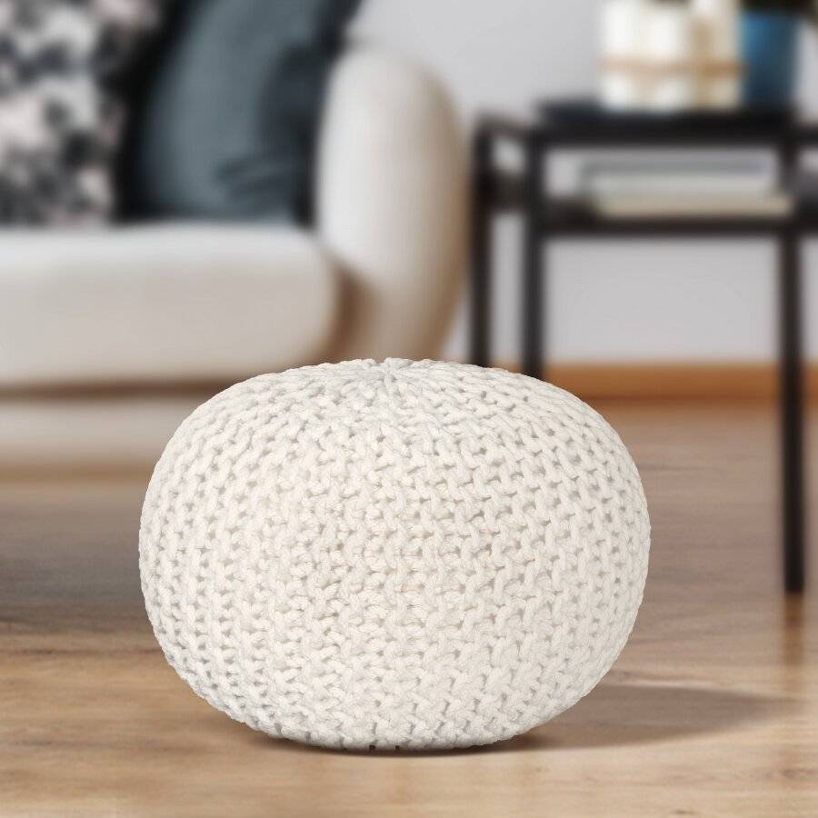 EHC Hand Knitted Chunky Double Braided Cotton Pouffe - Cream