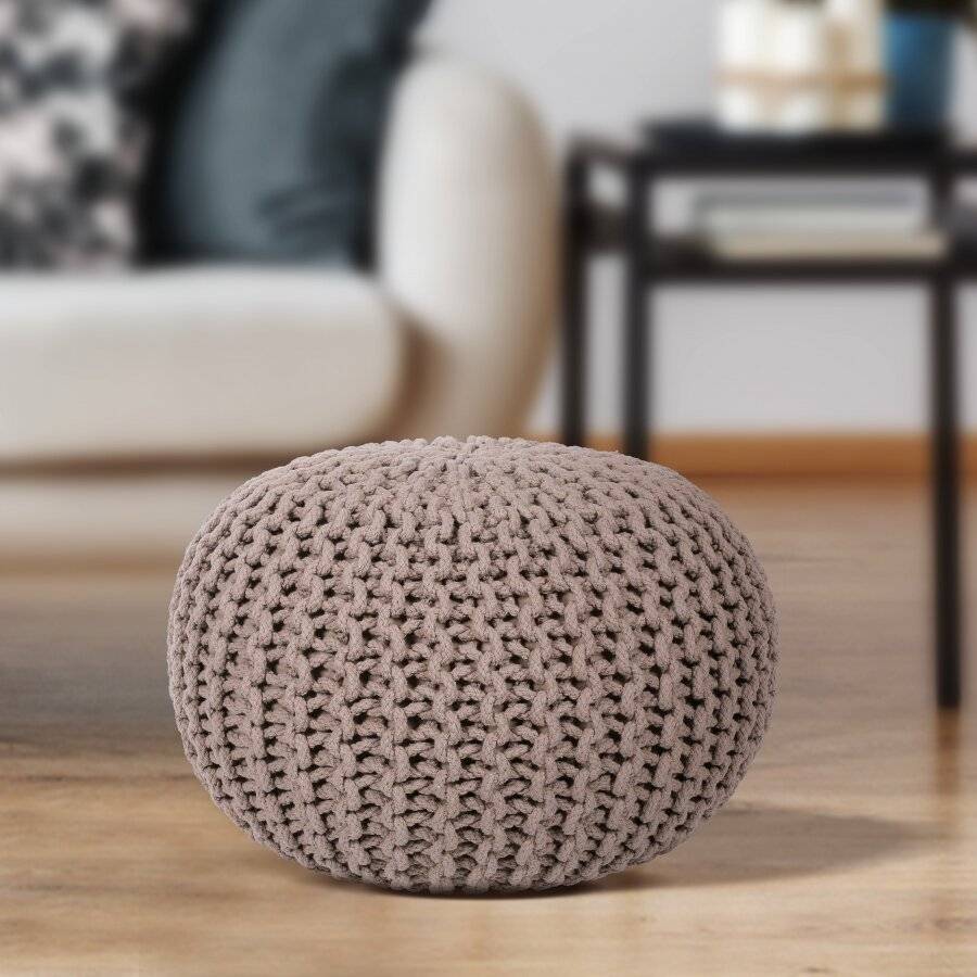 EHC Hand Knitted Chunky Double Braided Cotton Pouffe - Latte