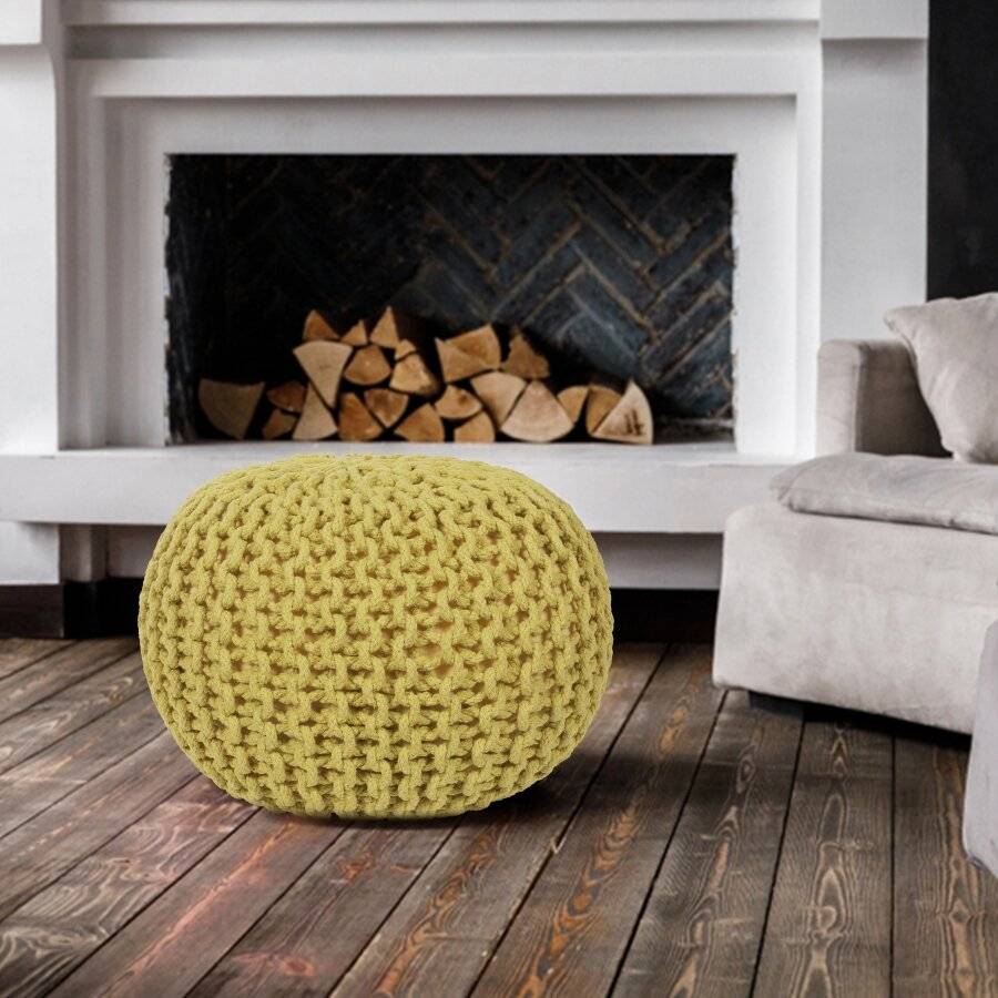 EHC Hand Knitted Chunky Double Braided Cotton Pouffe - Ochre