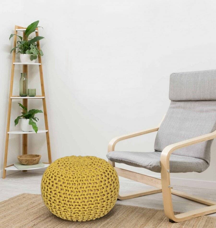 Hand Knitted Double Braided Cotton Pouffe, 40 x 40 x 30 cm - Ochre