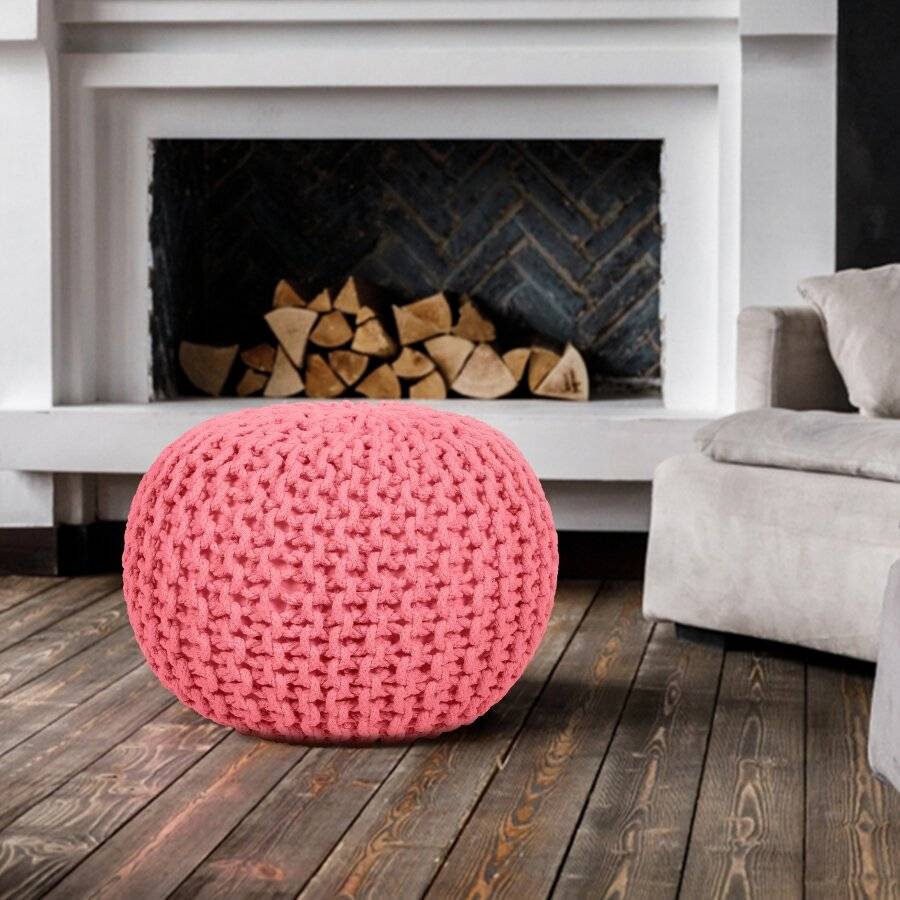 EHC Hand Knitted Double Braided Cotton Pouffe - Blush Pink