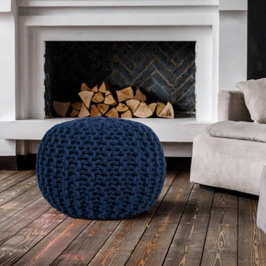 Hand Knitted Double Braided Cotton Pouffe, 40 x 40 x 30 cm - Navy Blue