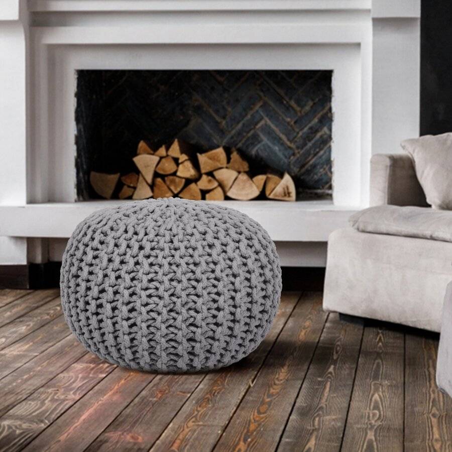 Hand Knitted Double Braided Cotton Pouffe, 40 x 40 x 30 cm - Smoke