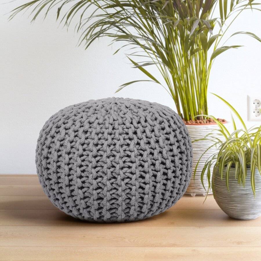 Hand Knitted Double Braided Cotton Pouffe, 40 x 40 x 30 cm - Smoke