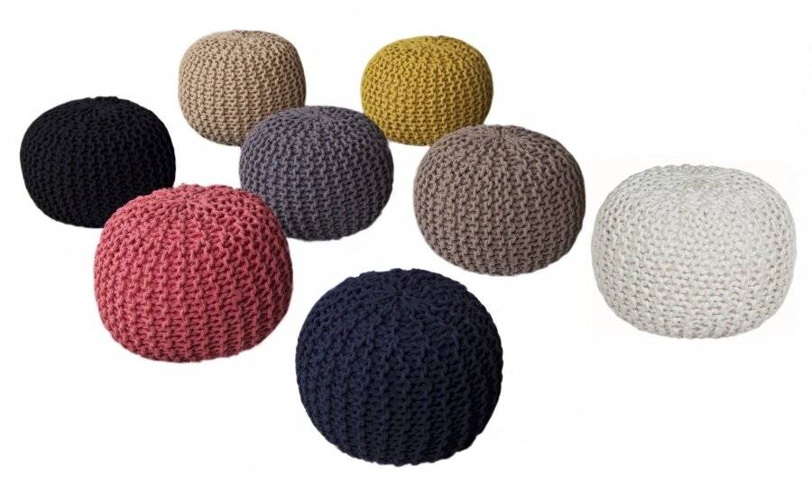 Hand Knitted Double Braided Cotton Pouffe, 40 x 40 x 30 cm - Smoke