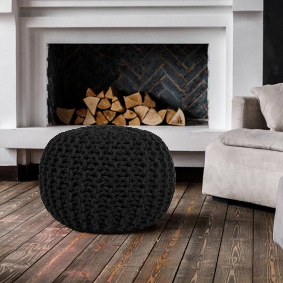Hand Knitted Double Braided Cotton Pouffe, 40 x 40 x 30 cm - Black