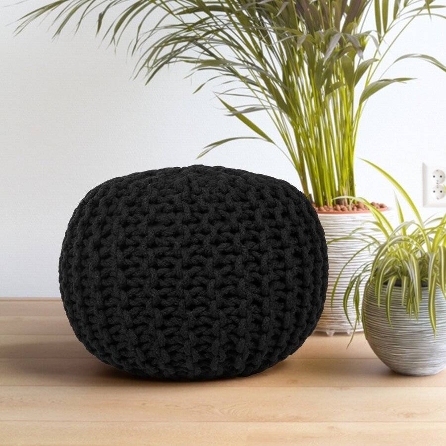 Hand Knitted Double Braided Cotton Pouffe, 40 x 40 x 30 cm - Black