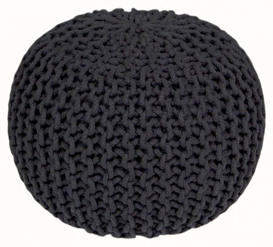 Hand Knitted Double Braided Cotton Pouffe, 40 x 40 x 30 cm - Black